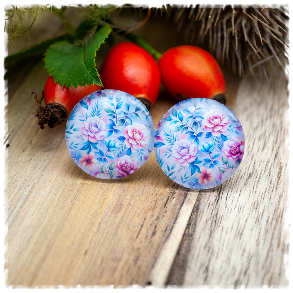 Ohrringe in 20 mm hellblaue Blätter rosa Rosen