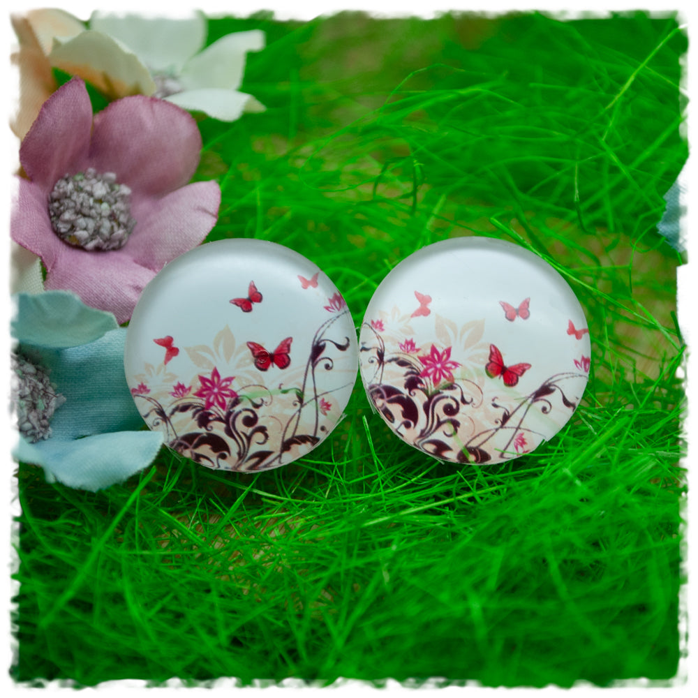 Ohrringe in 20 mm beige mit pinken Schmetterlingen
