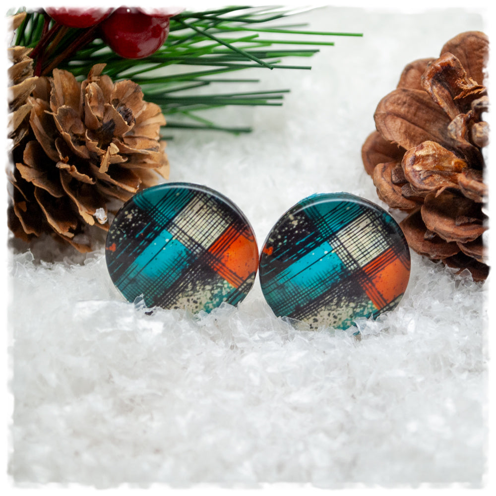 Ohrringe in 20 mm schwarz, blau, beige und orange gemustert