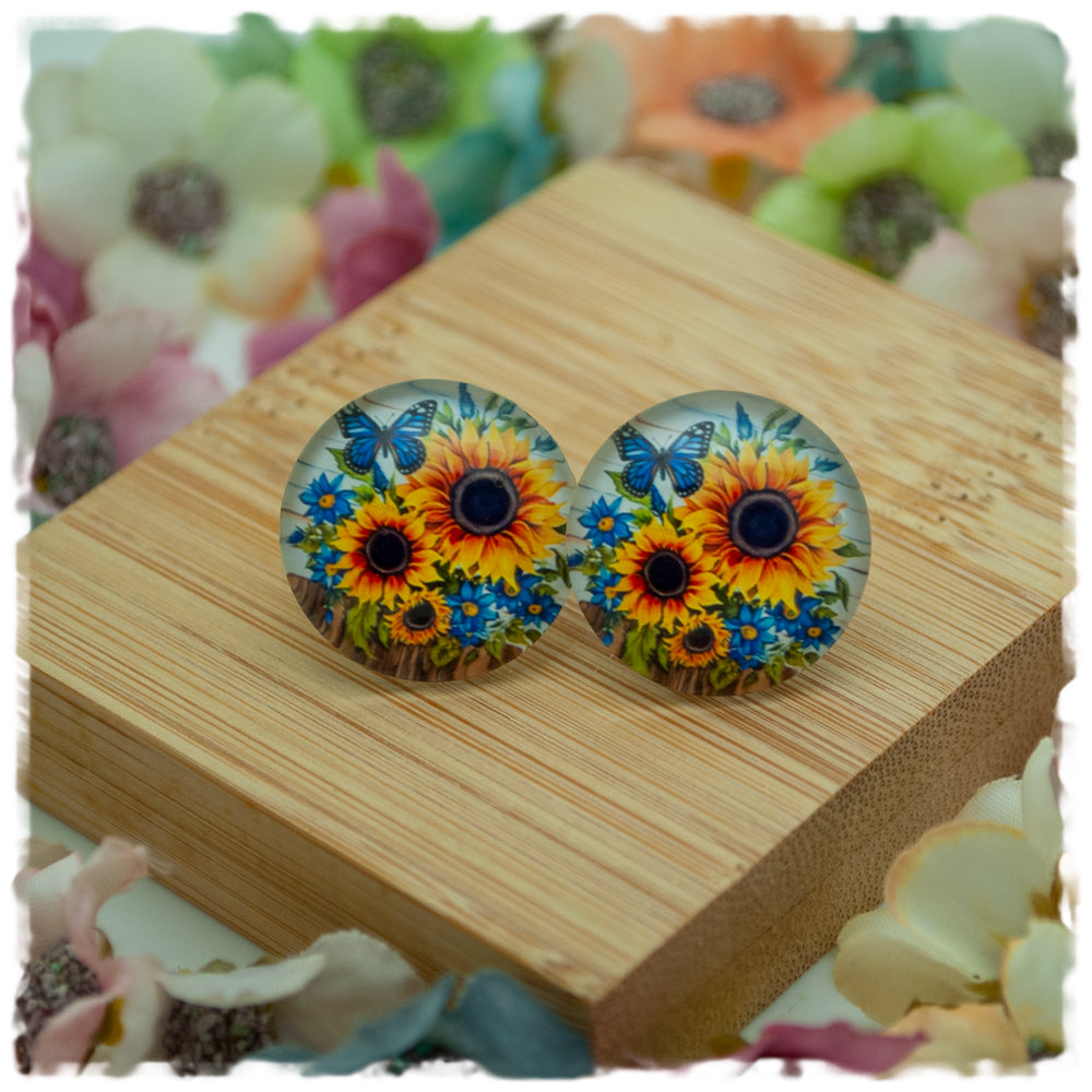 Ohrringe in 20 mm Holzdekor mit Sonnenblumen