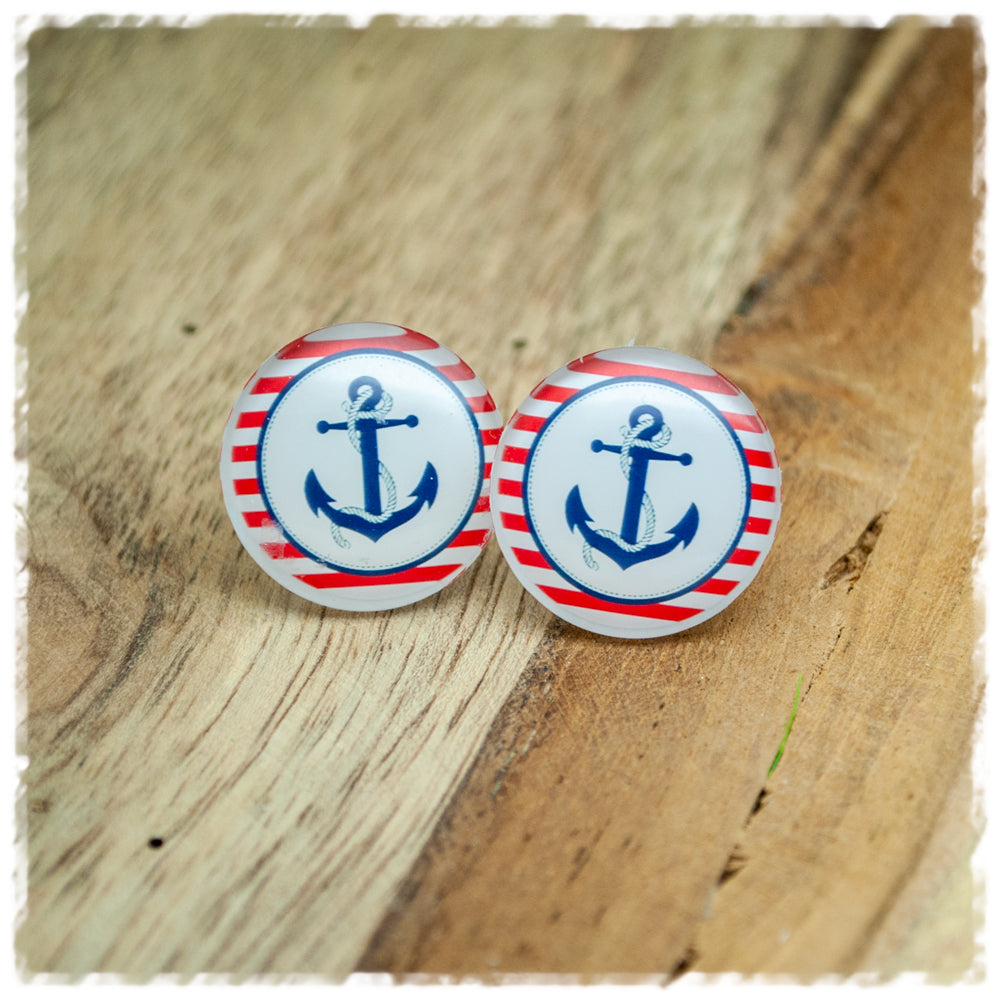 Ohrringe rot weiß gestreift mit blauem Anker