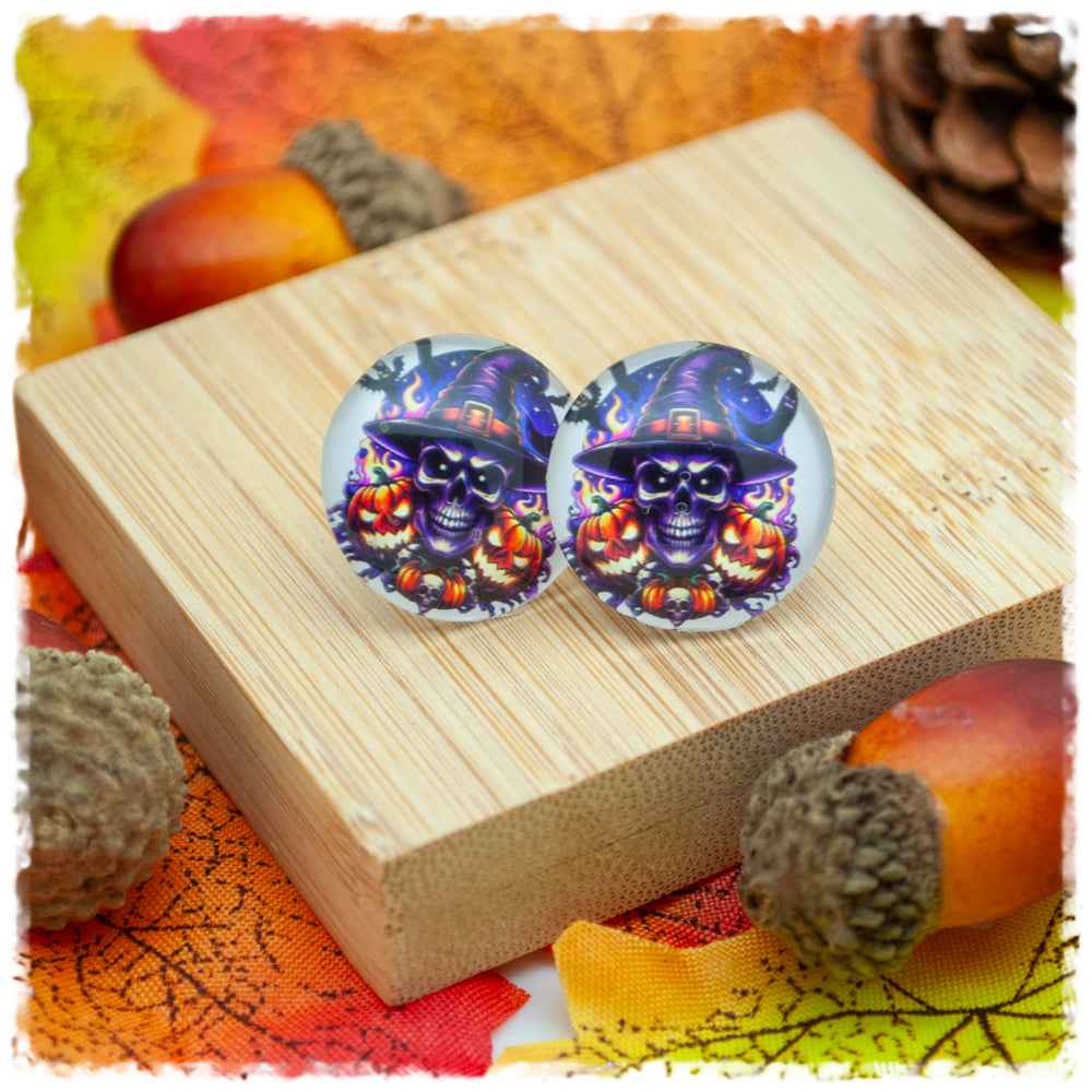 Ohrringe in 20 mm violetter Totenkopf mit Kürbissen