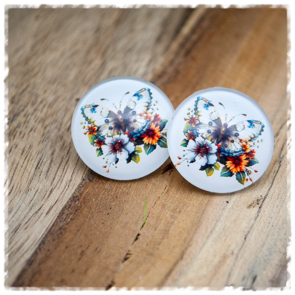 Ohrringe in 25 mm weiß mit Schmetterling und Blüten