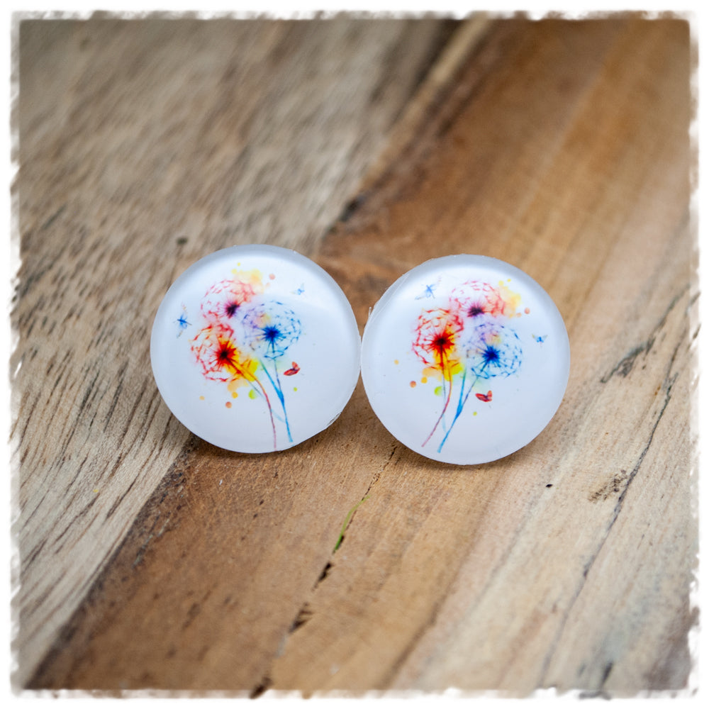 Ohrringe in 20 mm weiß mit bunten Pusteblumen