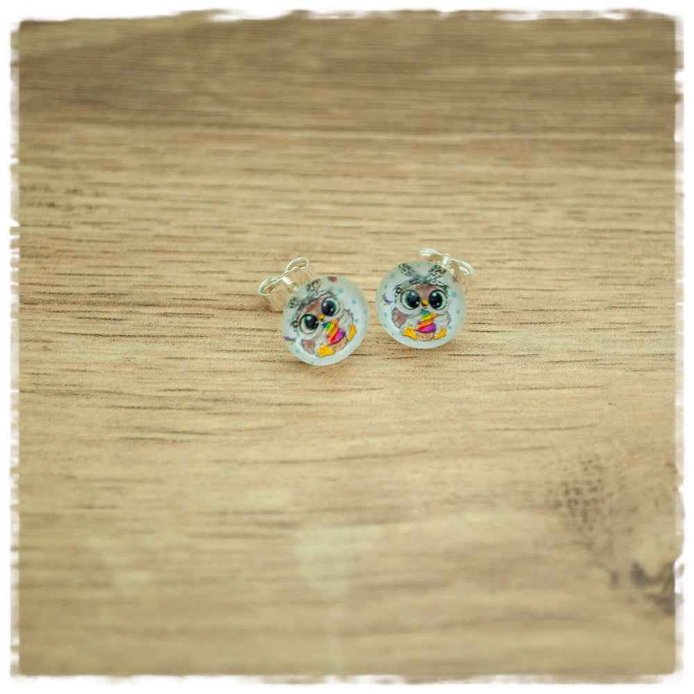 Ohrringe in 10 mm Eule mit Leoprintschleife 925er Silber