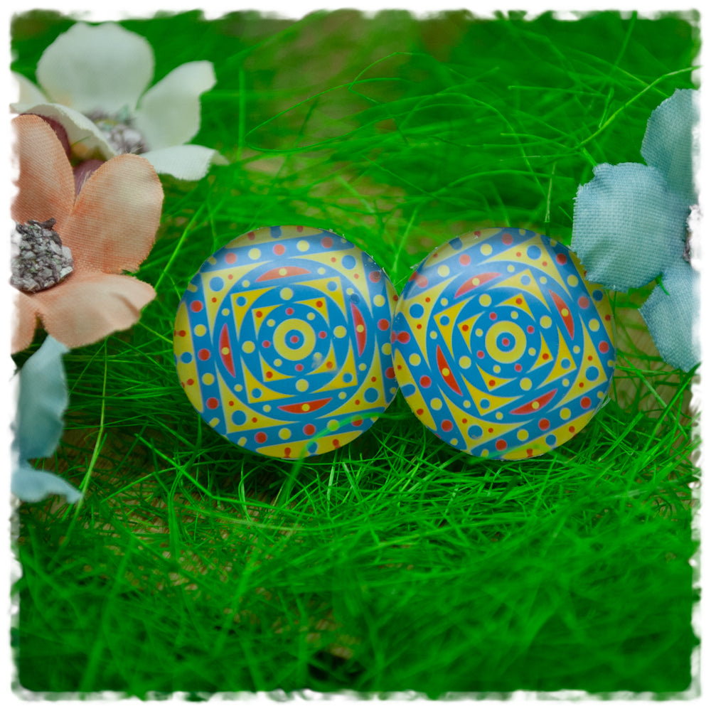 Ohrringe blau gelb rot gemustert