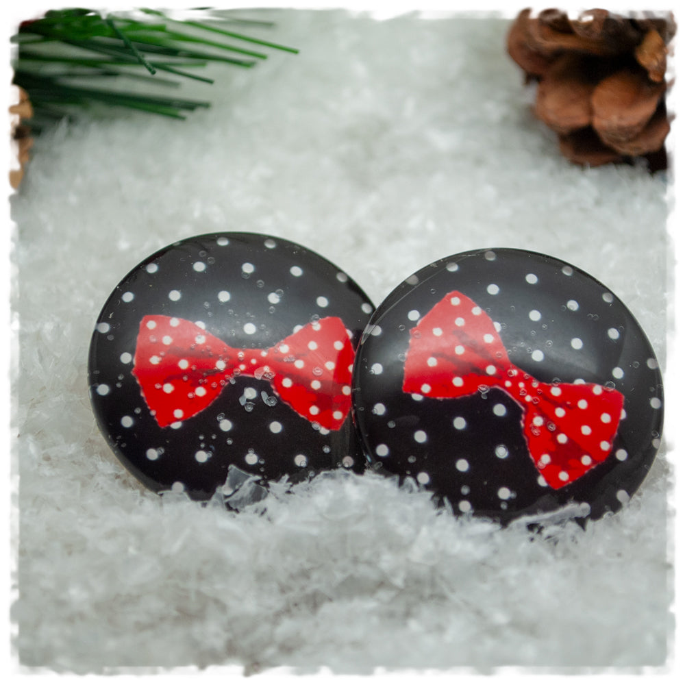 Ohrringe in 30 mm schwarz mit weißen Punkten und roter Schleife