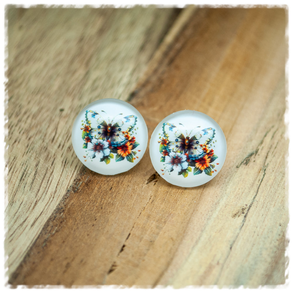Ohrringe in 18 mm weiß mit Schmetterling und gelber Blüte