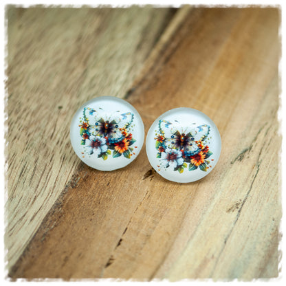 Ohrringe in 18 mm weiß mit Schmetterling und gelber Blüte