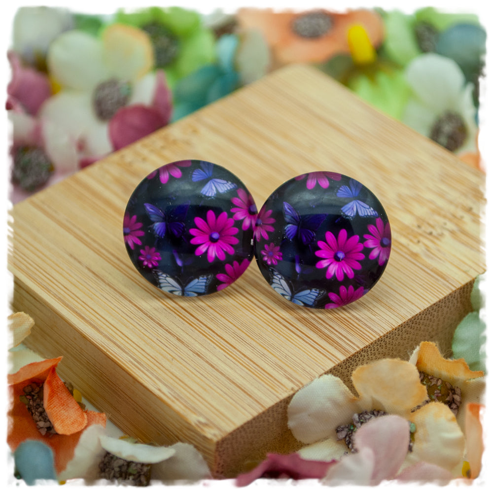 Ohrringe schwarz mit pinken Blüten und lila Schmetterlingen