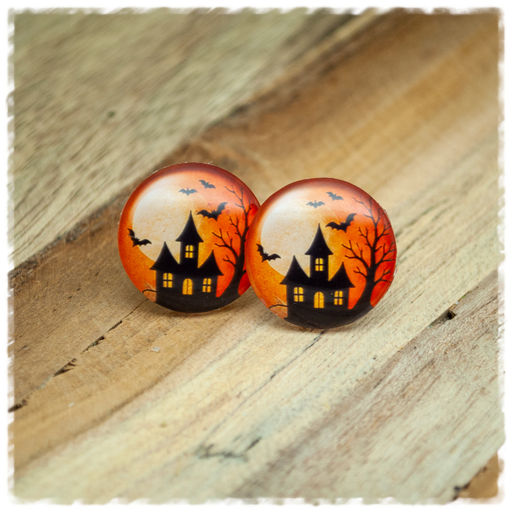 Ohrringe orange mit Geisterhaus und Fledermäusen