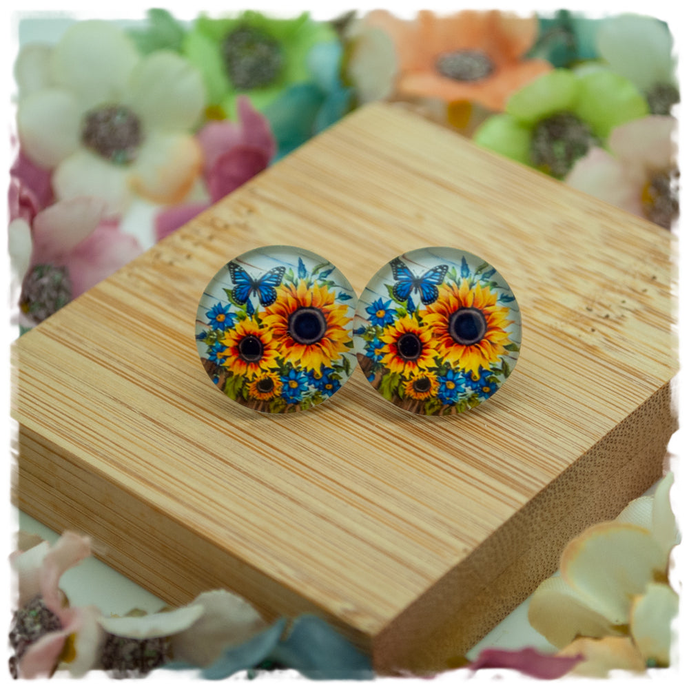Ohrringe in 18 mm Holzdekor mit Sonnenblumen