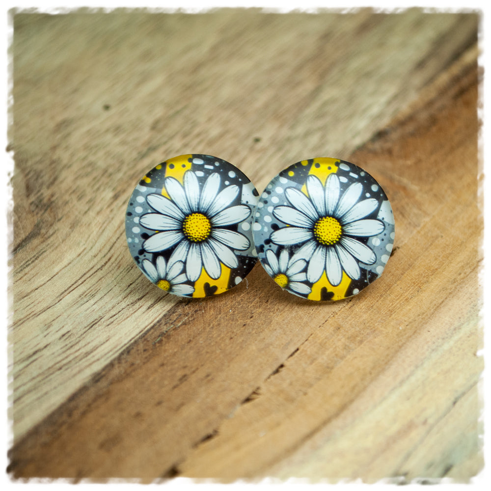 Ohrringe grau, schwarz, gelb mit weißen Blüten
