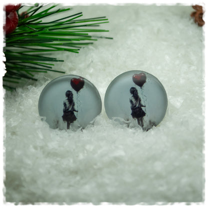 Ohrringe grau mit Mädchen und rotem Herzluftballon