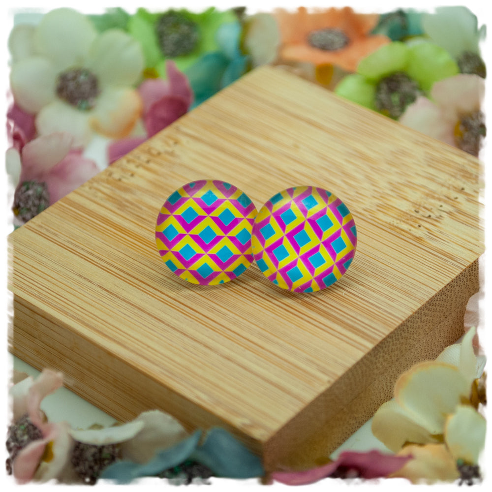 Ohrringe in 16 mm pink, gelb, blau gemustert