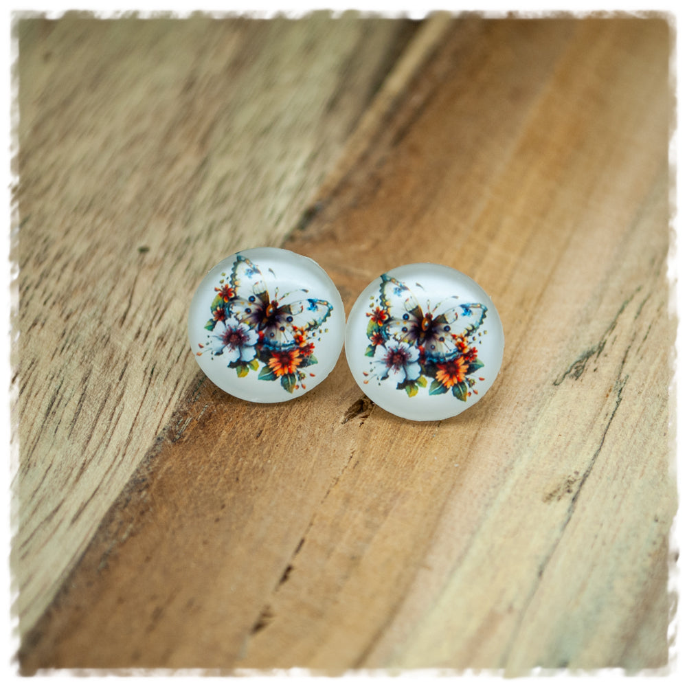 Ohrringe in 16 mm weiß mit Schmetterling und gelber Blüte
