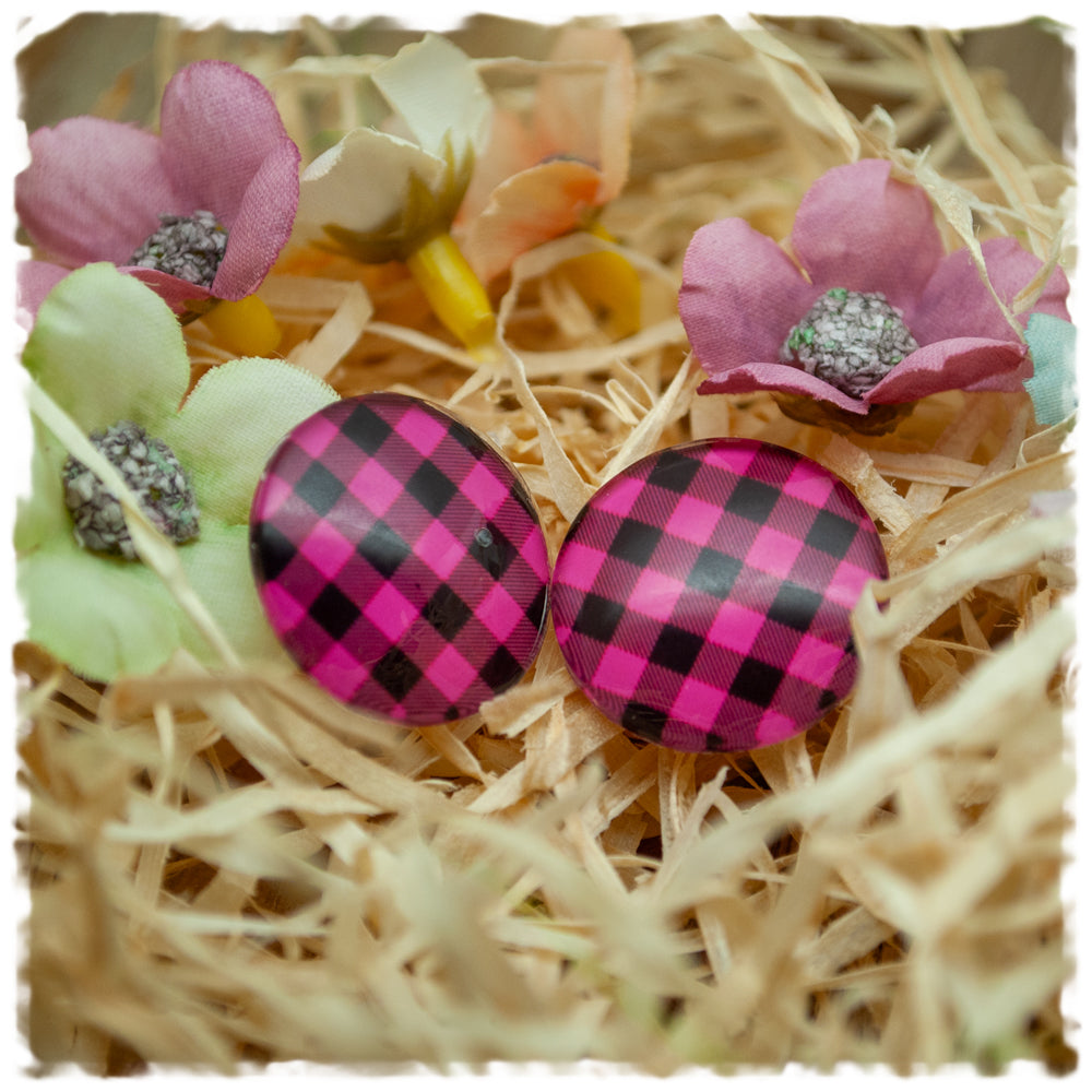 Ohrringe in 20 mm pink schwarz kariert