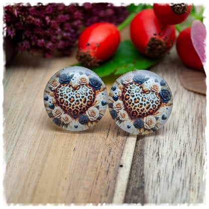 Ohrringe Leoprintherz mit beigen und schwarzen Blüten