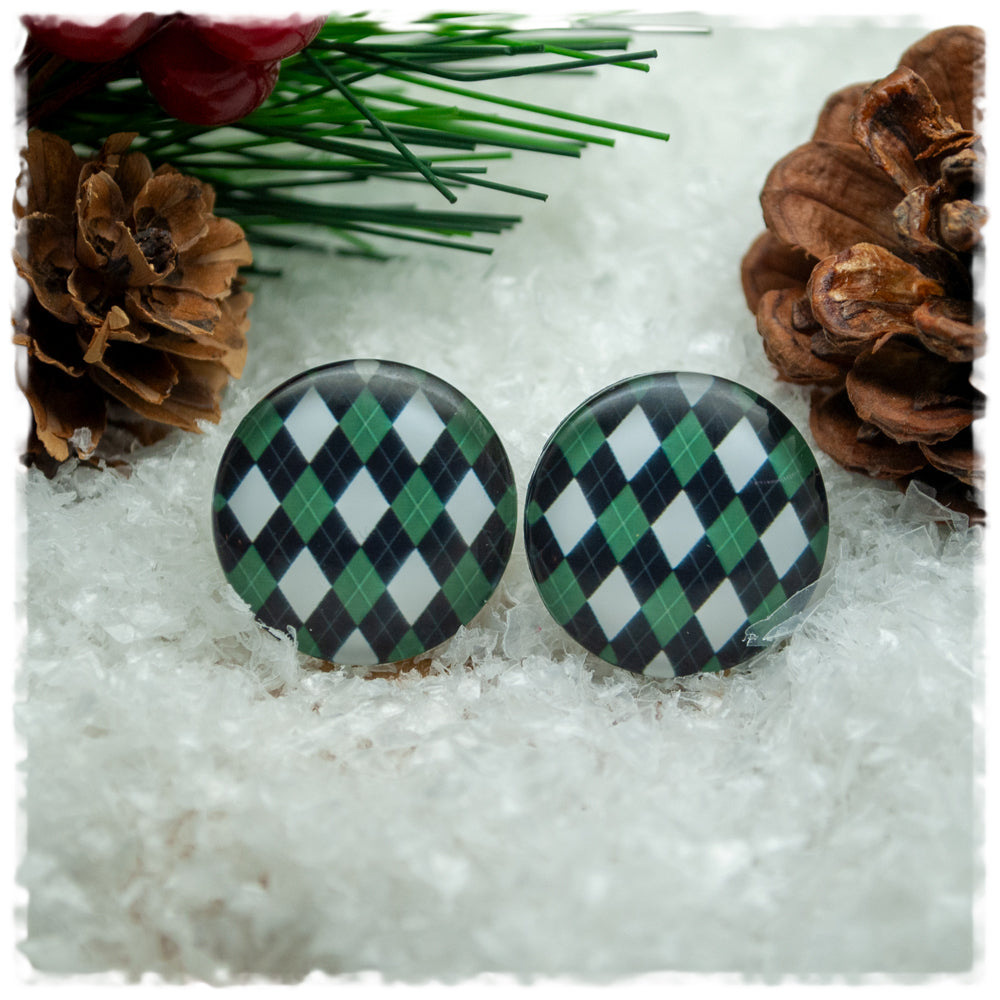 Ohrringe mit Rautenmuster in grün, schwarz und weiß
