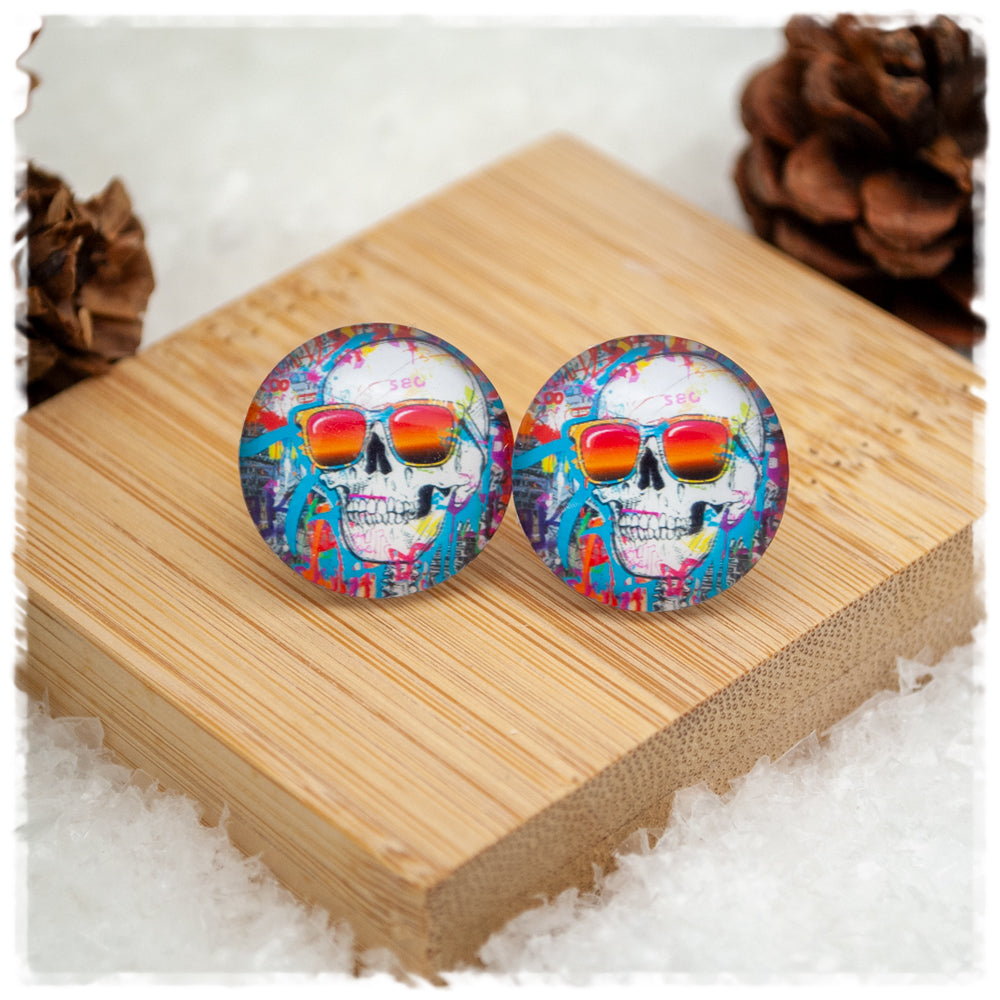 Ohrringe in 20 mm Totenkopf mit bunter Brille - Jackelina