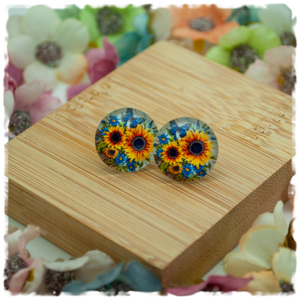Ohrringe in 16 mm Holzdekor mit Sonnenblumen