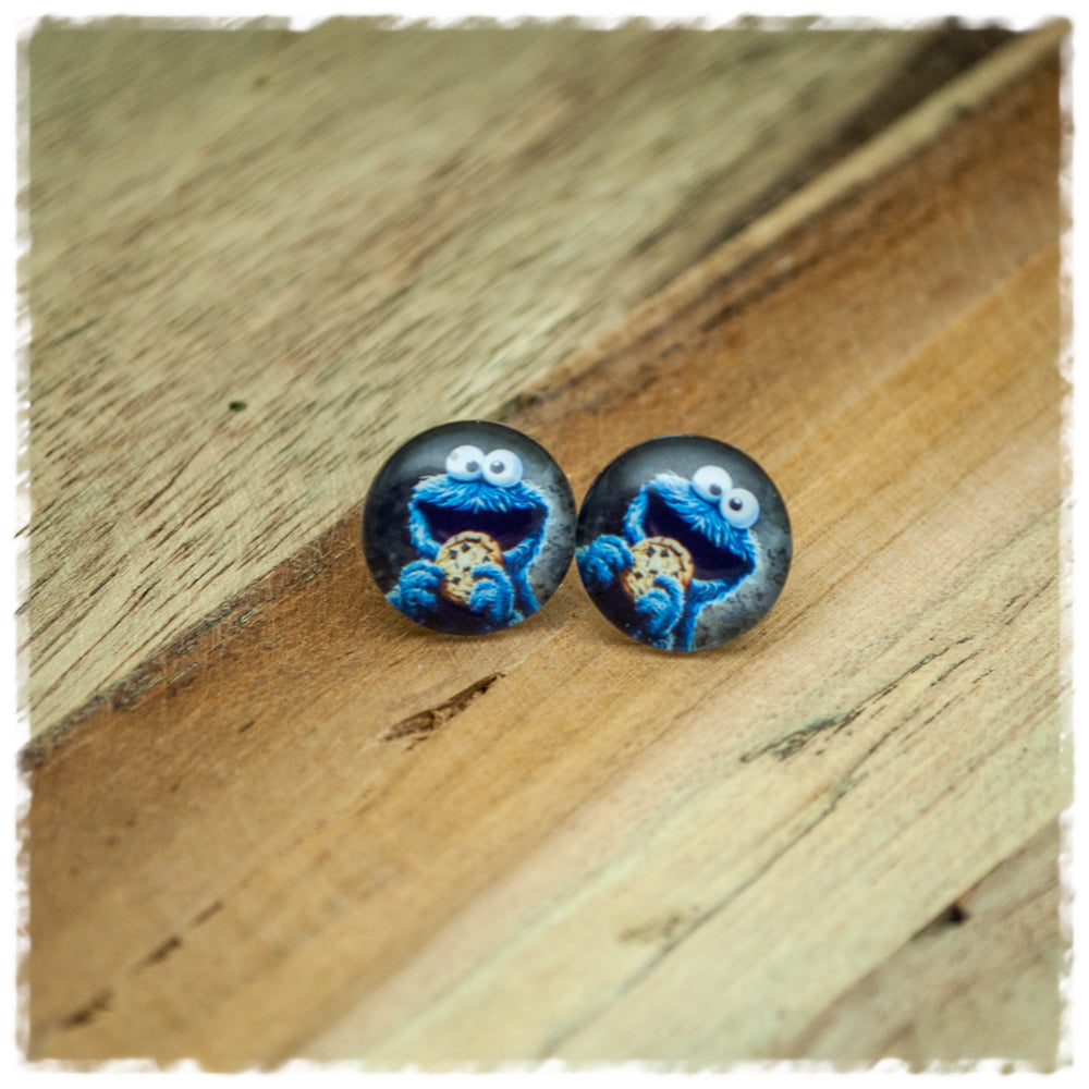 Ohrringe in 14 mm blaues Monster mit Keks