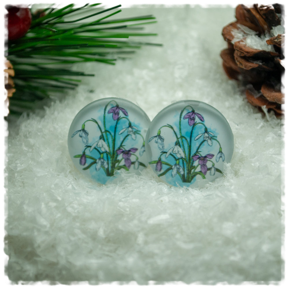 Ohrringe weiß hellblau mit Schneeglöckchen