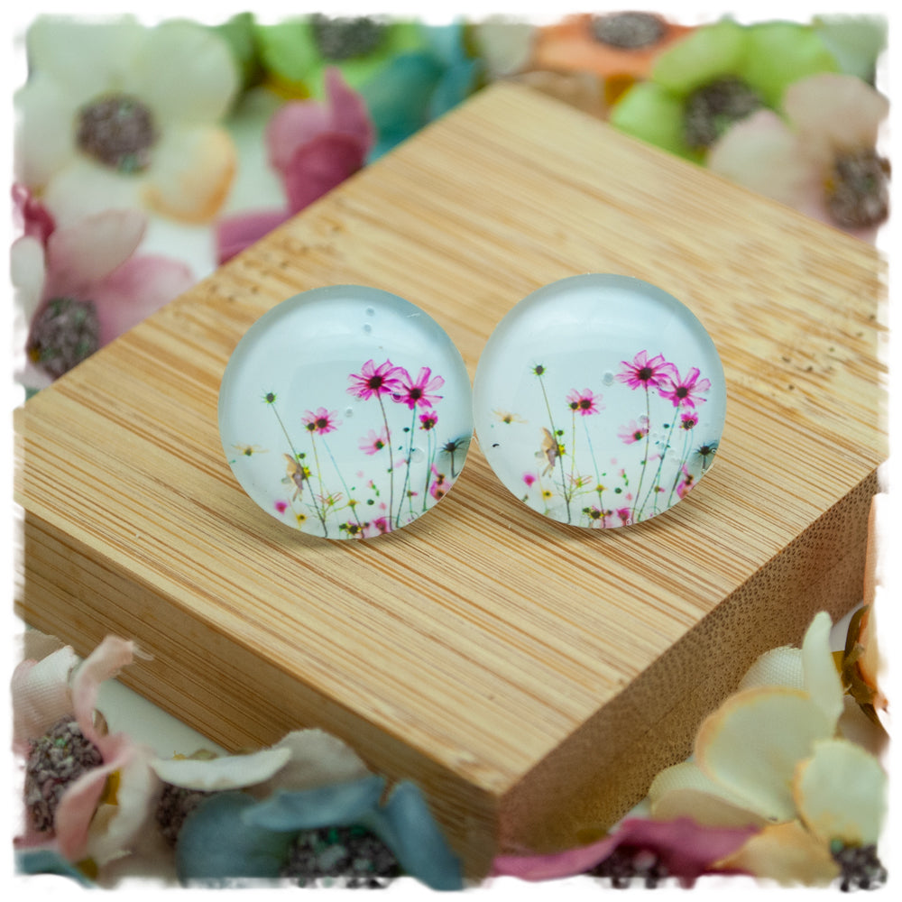 Ohrringe hellblau mit pinken Blumen - Jackelina