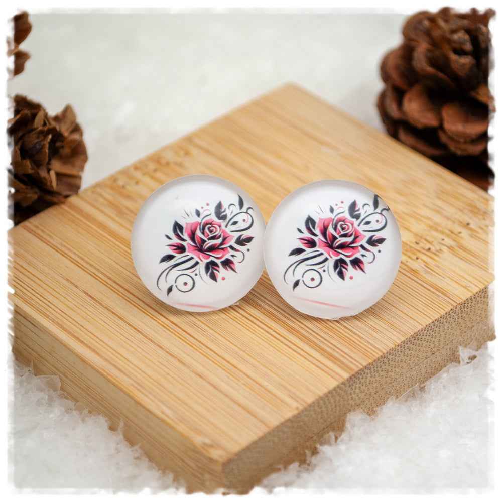 Ohrringe weiß mit rosa Rose und schwarzen Blättern