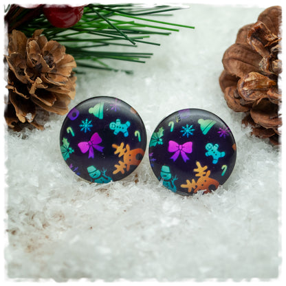 Ohrringe schwarz mit Schleife, Rentier und Schneemann