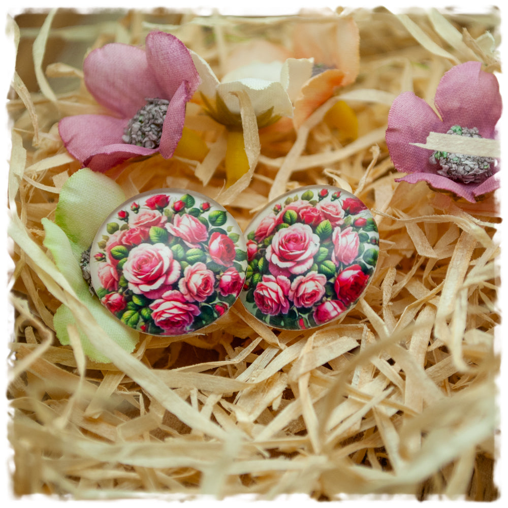 Ohrringe beige mit pinken Rosen (EOL)