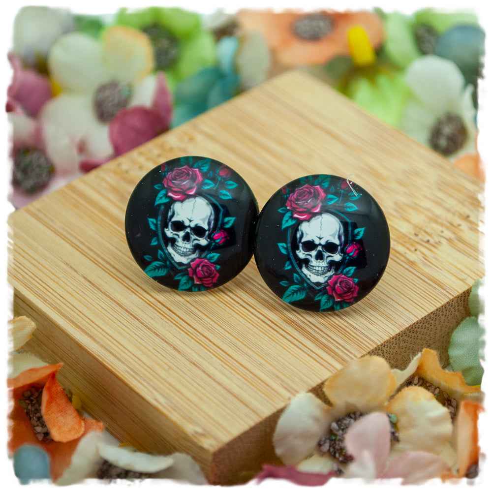 Ohrringe schwarz mit Totenkopf und Rosen