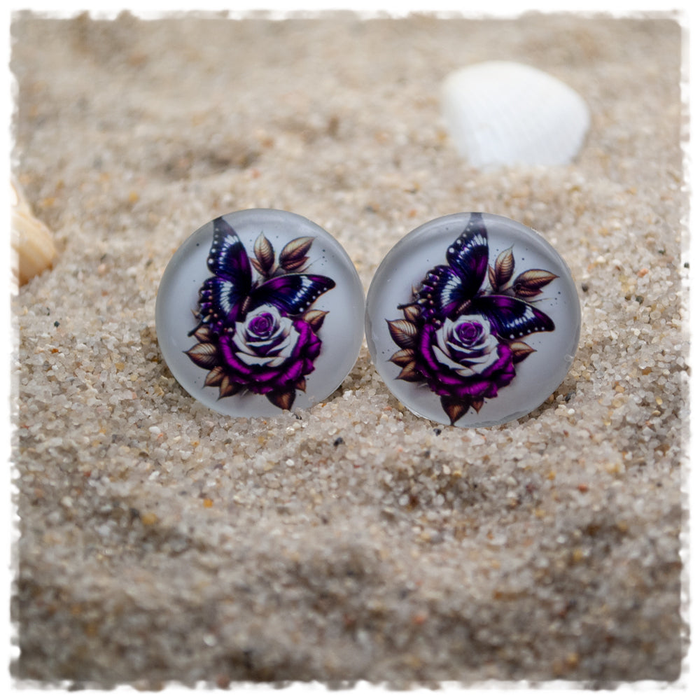 Ohrringe in 20 mm weiß mit Rose und Schmetterling