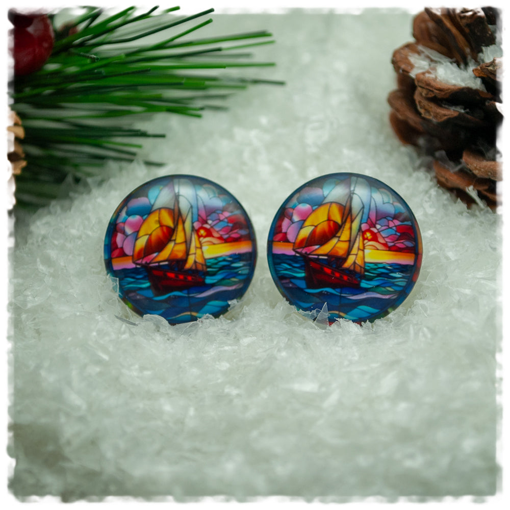 Ohrringe in 20 mm Meer mit Segelschiff
