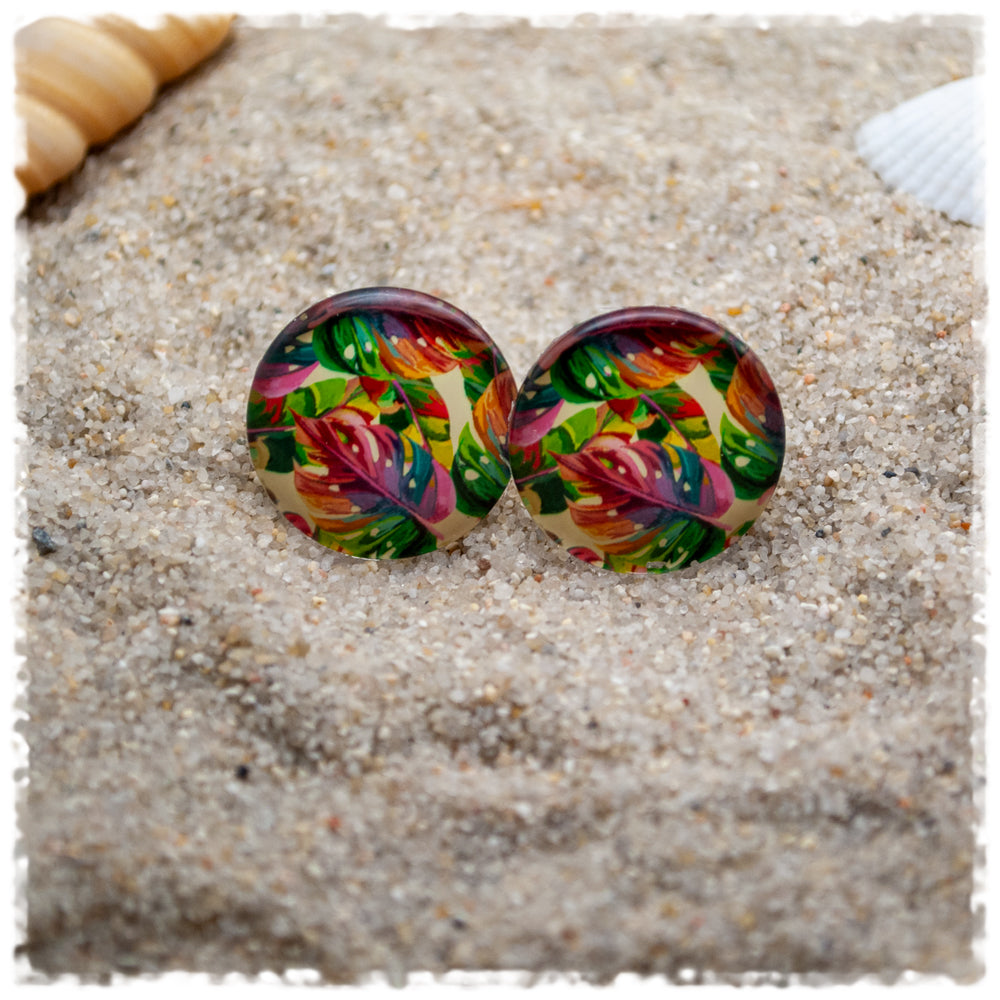 Ohrringe in 20 mm beige mit bunten Palmenblättern