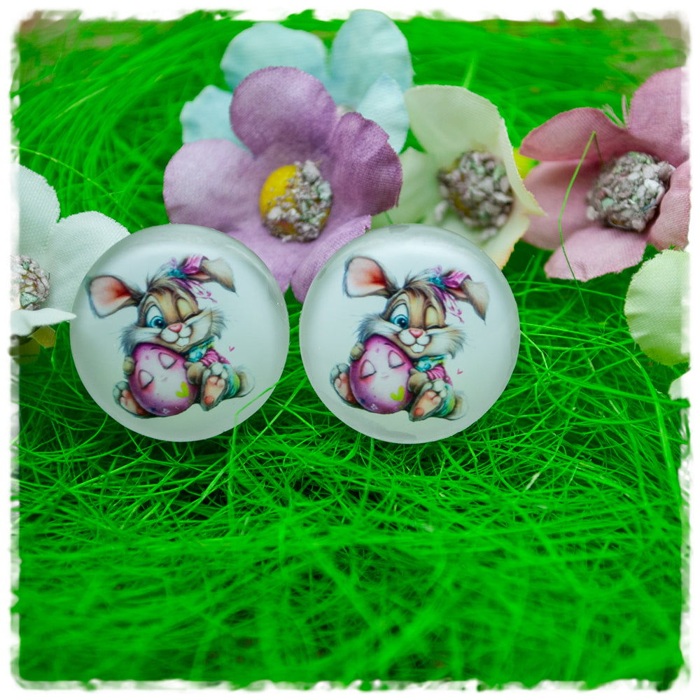 Ohrringe weiß mit Hasen und pinkem Ei