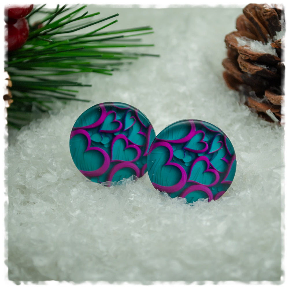 Ohrringe in 20 mm Herzen in türkis und pink