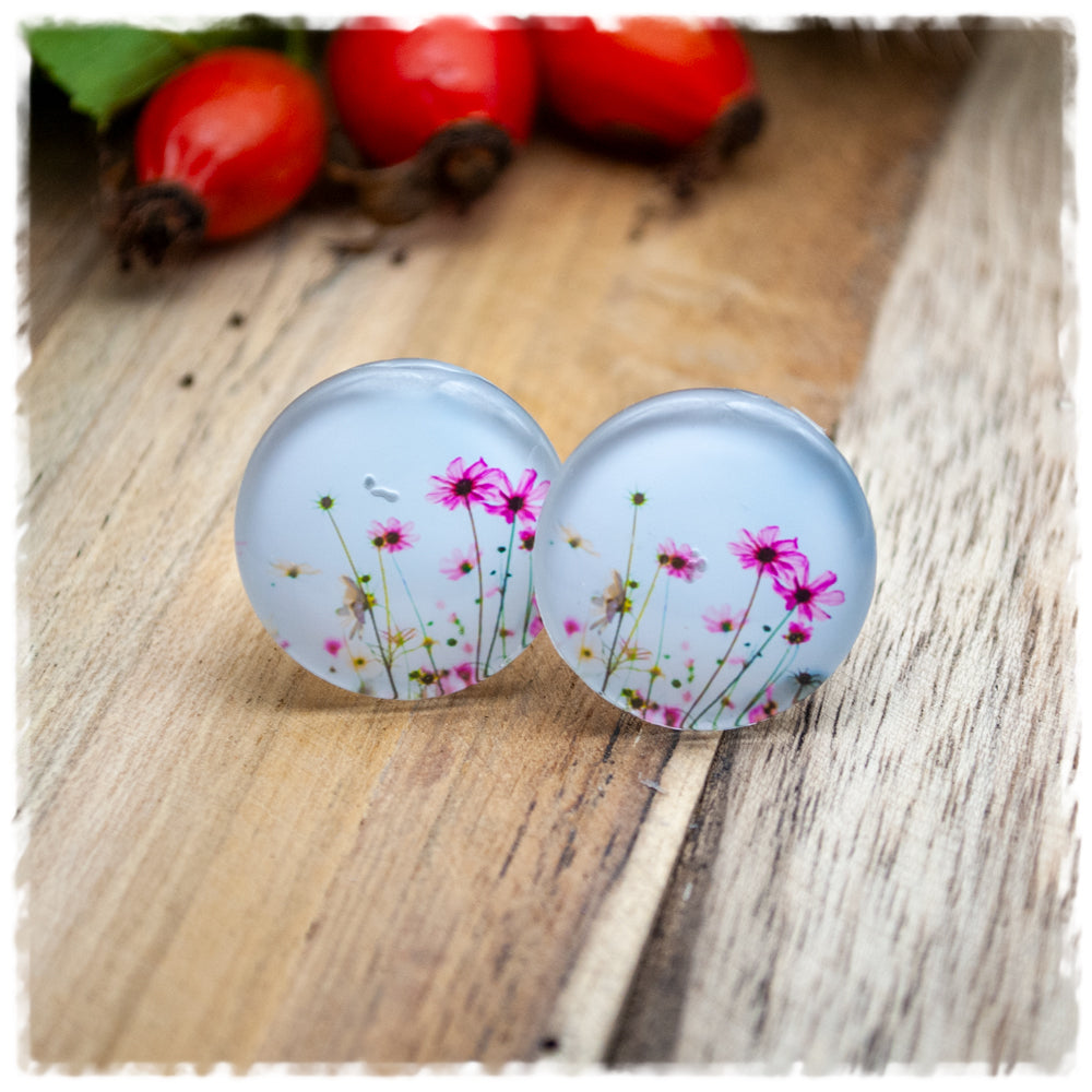Ohrringe in 20 mm hellblau mit pinken Blumen und 925er Silber