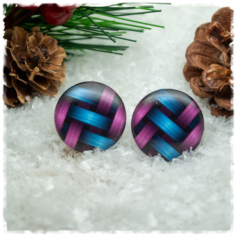 Ohrringe in 20 mm schwarz mit blau pinkem Flechtmuster