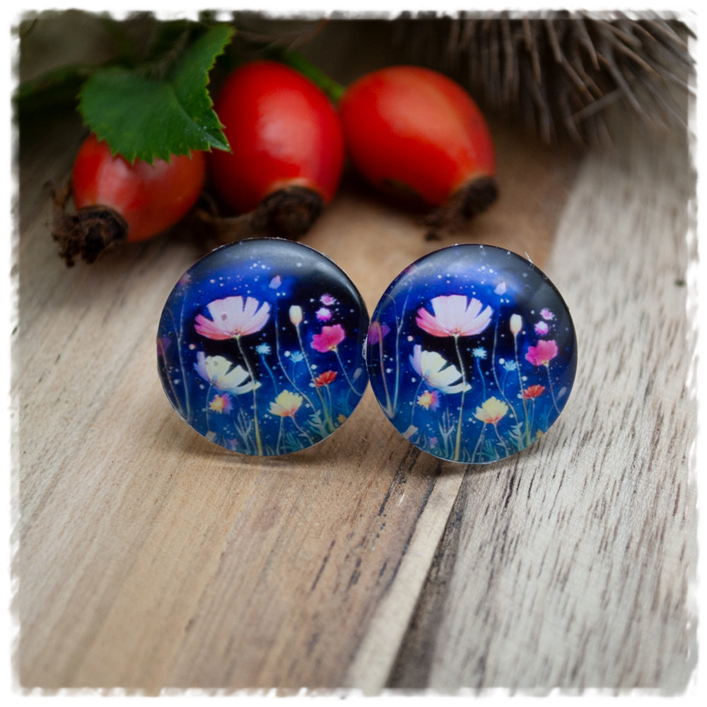 Ohrringe violett mit rosa und gelben Blumen