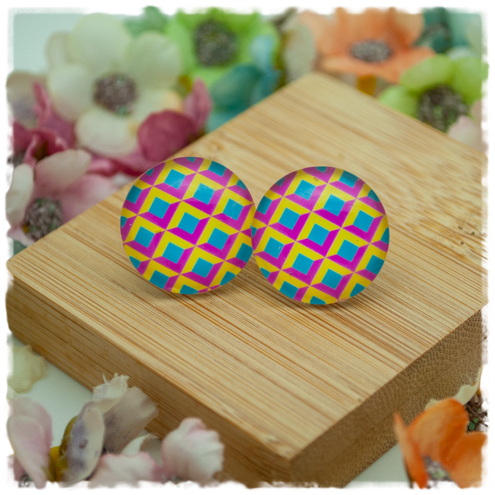 Ohrringe in 20 mm pink, gelb, blau gemustert