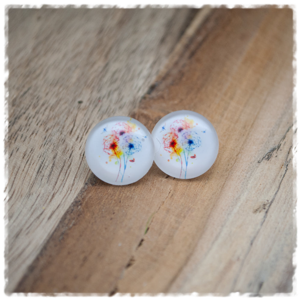 Ohrringe in 16 mm weiß mit bunten Pusteblumen