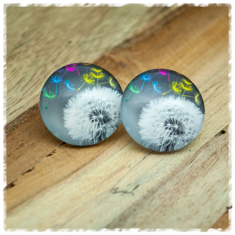 Ohrringe in 25 mm grau mit Pusteblume und bunten Schirmfliegern