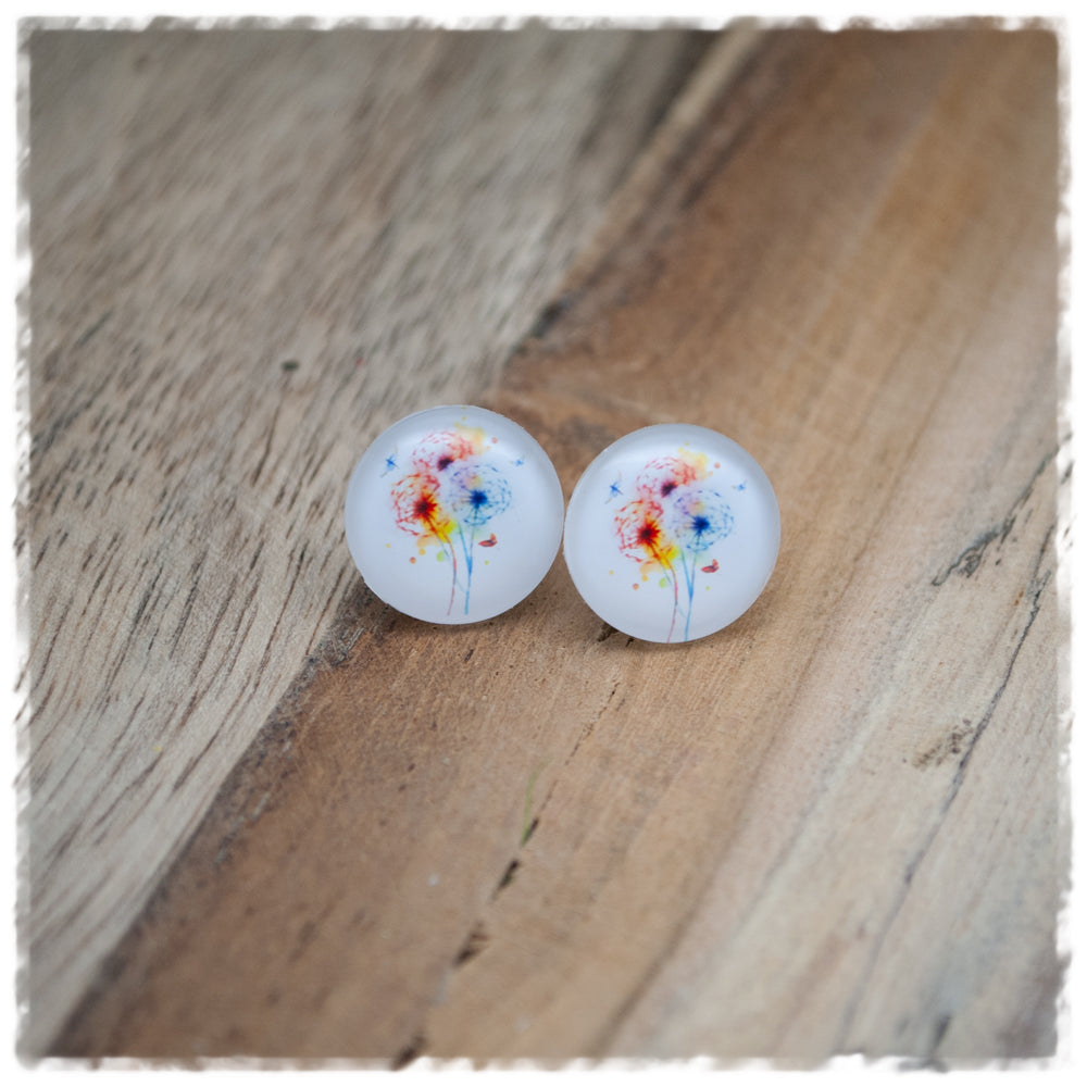 Ohrringe in 14 mm weiß mit bunten Pusteblumen