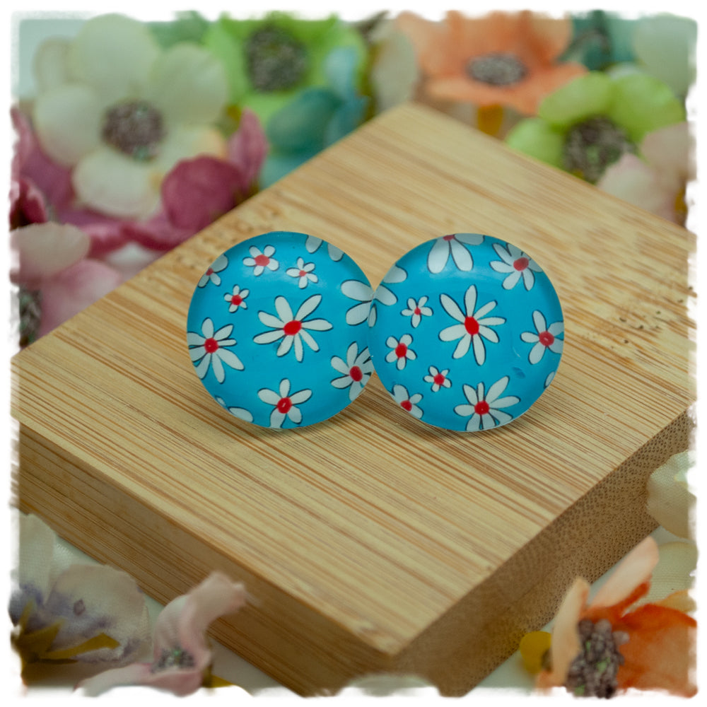 Ohrringe blau mit weißen Blüten