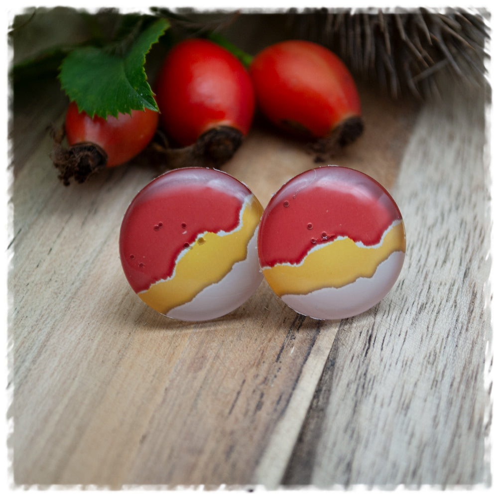 Ohrringe in 20 mm rot - gelb - weiß gemustert