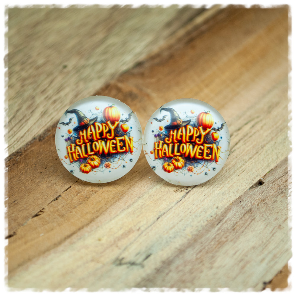 Ohrringe weiß mit Happy Halloween und Kürbissen