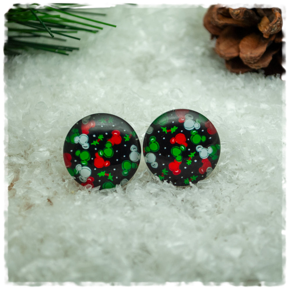 Ohrringe schwarz mit Mäusen in rot, grün und weiß