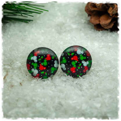 Ohrringe schwarz mit Mäusen in rot, grün und weiß