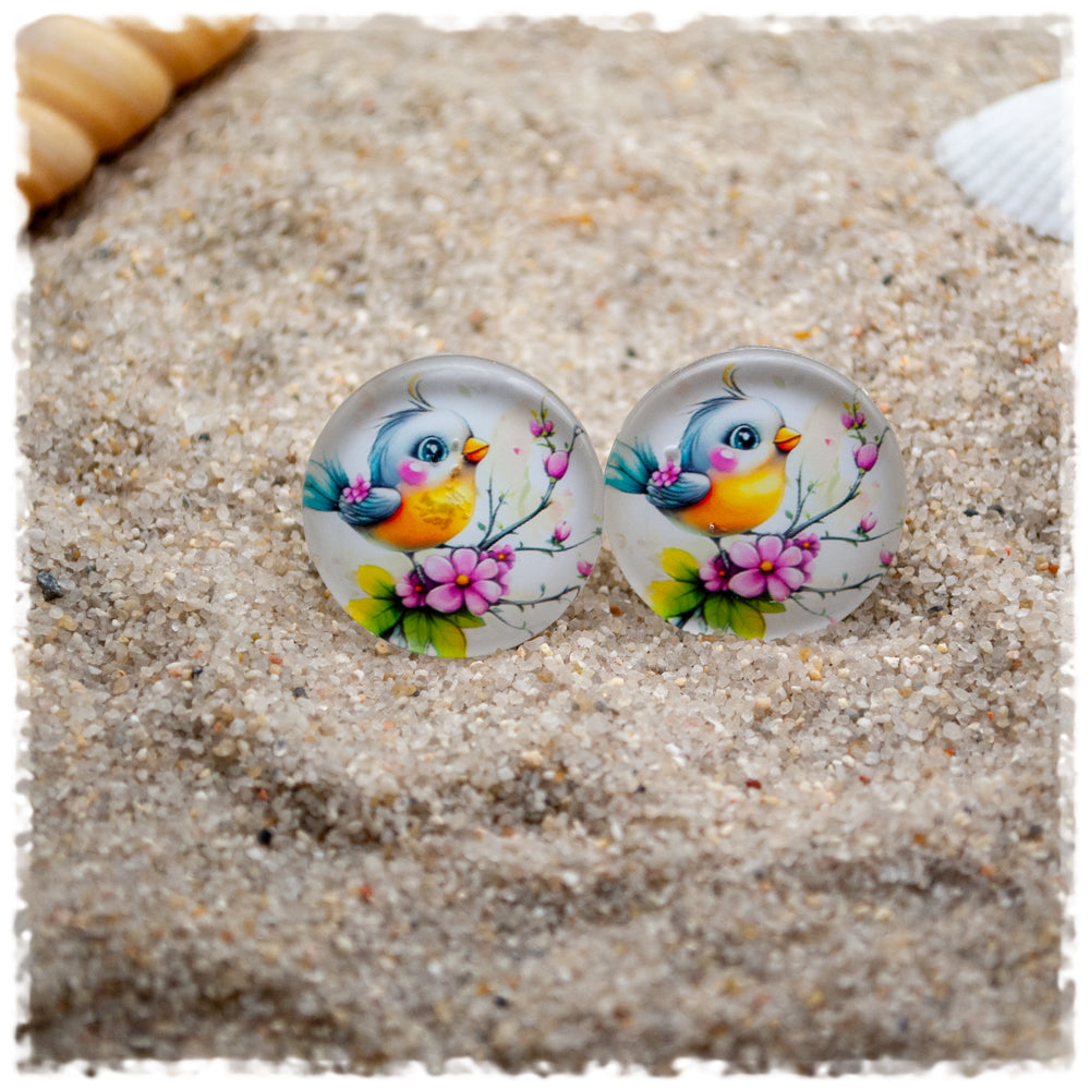 Ohrringe in 20 mm weiß mit gelbem Vogel